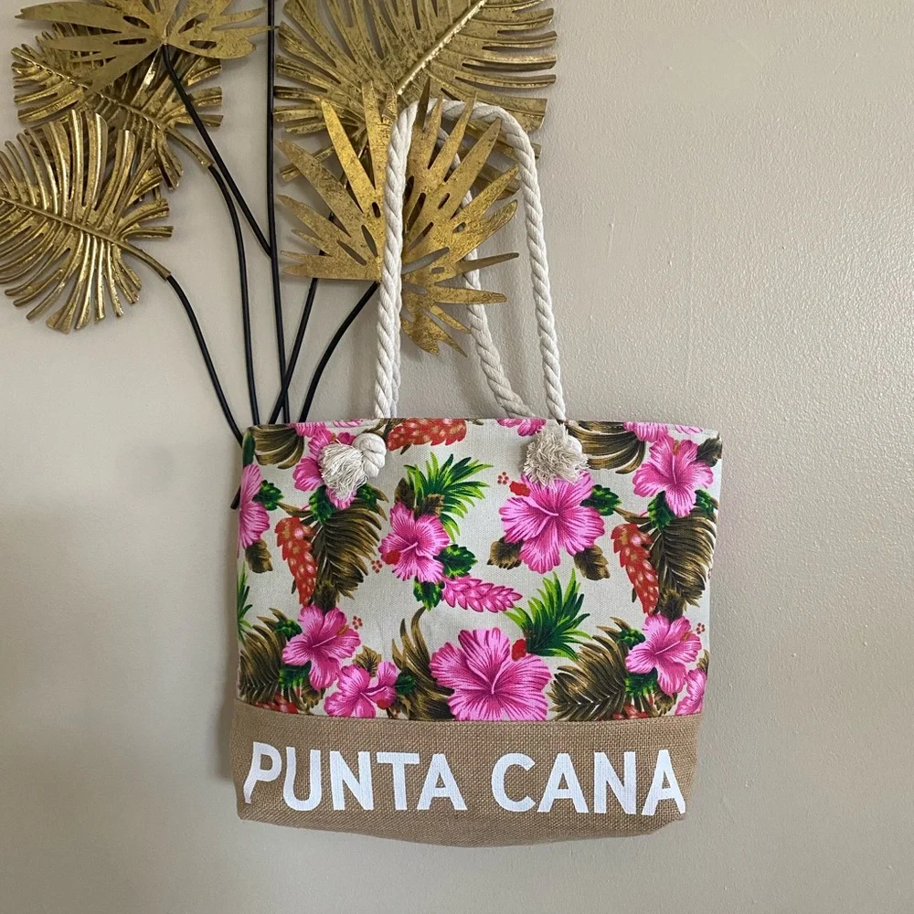 Floral Canvas Tote Bag - Pink and Green